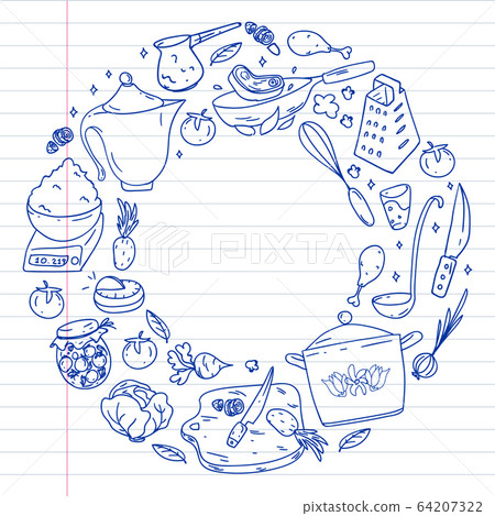 Pattern with gastronomy icons, vector cuisine and fast food cafe bright background for menu, receipts. Drawn with a pen, on a sheet of line paper on a white background. 64207322