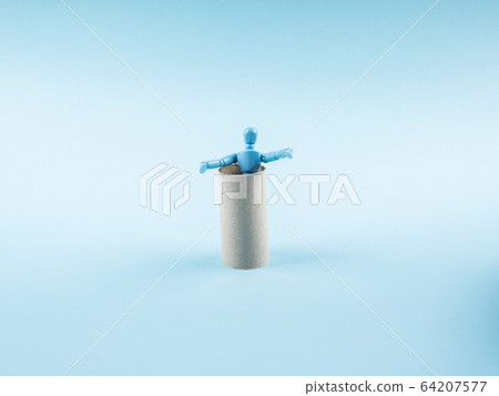 Marionette wearing empty toilet paper roll 64207577