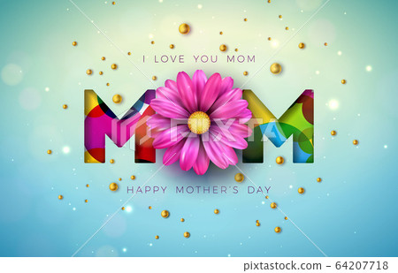 I Love You Mom. Happy Mother's Day Greeting Card Design with Flower and Pearl on Blue Background. Vector Celebration Illustration Template for Banner, Flyer, Invitation, Brochure, Poster. I Love You Mom. Happy Mother's Day Greeting Card Design with Flower and Pearl on Blue Background. Vector Celebration Illustration Template for Banner, Flyer, Invitation, Brochure, Poster. 64207718