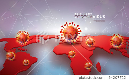 Covid-19. Coronavirus Outbreak Design with Virus Cell in on 3d Red World Map Background. 2019-ncov. Dangerous SARS Epidemic Vector Illustration for Promotional Banner or Flyer. 64207722