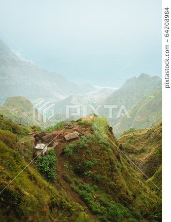 Santo Antao Cape Cabo Verde. Local village on mountain top on hiking trail in Ribeira de Janela Santo Antao Cape Cabo Verde. Local village on mountain top on hiking trail in Ribeira de Janela 64208984
