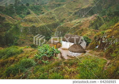 Santo Antao Cape Cabo Verde. Local houses on mountain top on hiking trail in Ribeira de Janela Santo Antao Cape Cabo Verde. Local houses on mountain top on hiking trail in Ribeira de Janela 64208985