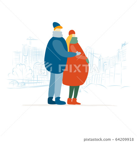Family couple, city street walkers, man and woman pregnant. Girl and guy in casual clothes walking, male and female characters. City background sketch. 64209918