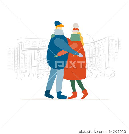 Couple, city street walkers, man and woman. Girl and guy in casual clothes walking, male and female characters. City background sketch. Couple, city street walkers, man and woman. Girl and guy in casual clothes walking, male and female characters. City background sketch. 64209920