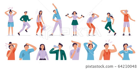 Sweating people. Sweaty man with wet underarms, gymnastically tired girl and unpleasant underarm smell vector set 64210048