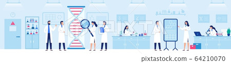 Genetic research laboratory. Professional lab with scientists, genome and biological researches vector illustration 64210070