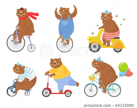 Cartoon biked bear. Bears on children tricycle, unicycle and retro bicycle. Animal riding bike, bicycles and scooter vector illustration set