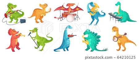 Dinosaur play music. Tyrannosaurus rockstar play guitar, dino drummer and cartoon dinosaurs musicians vector illustration set 64210125