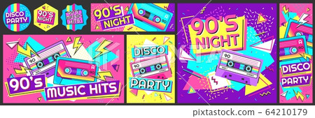 Funky 90s disco party poster. Nineties music hits banner, 90s dancing night invite and retro stereo tape vector illustration set 64210179