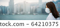 Young asian woman wearing protective face mask in city due to the polluted air or pm 2.5 and Coronavirus disease or COVID-19 outbreak situation in Hong Kong China and all of landmass in the world. 64210375