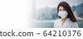 Young asian woman wearing protective face mask in city due to the polluted air or pm 2.5 and Coronavirus disease or COVID-19 outbreak situation in Hong Kong China and all of landmass in the world. 64210376