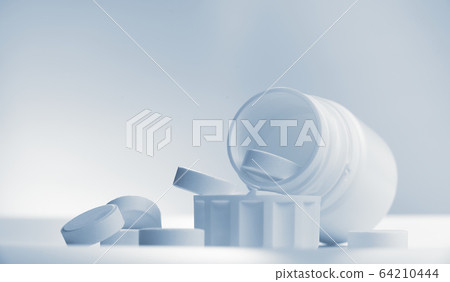 Closeup of pills spilling from jar on white background. Closeup of pills spilling from jar on white background. 64210444