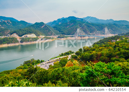 Chungju Lake and mountains, and bridge in Jecheon, korea Chungju Lake and mountains, and bridge in Jecheon, korea 64210554