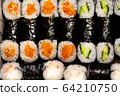 Thin rolls with salmon,cucumber,shrimp close up 64210750