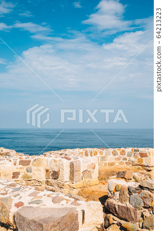 Black sea and Medieval monastery St. Apostles ruins in Sozopol, Bulgaria 64213223