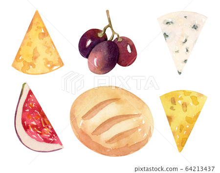 Bread, grape, yellow and blue cheese - hand painted illustration Bread, grape, yellow and blue cheese - hand painted illustration 64213437