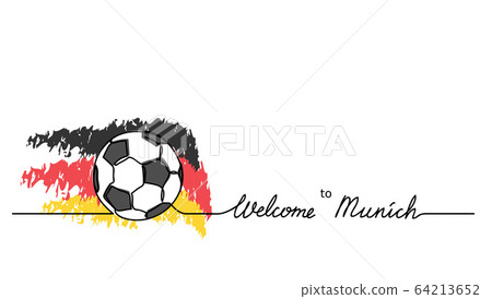 Welcome to Munich simple soccer, football banner. Vector background with football ball sketch and Germany flag with lettering. 64213652