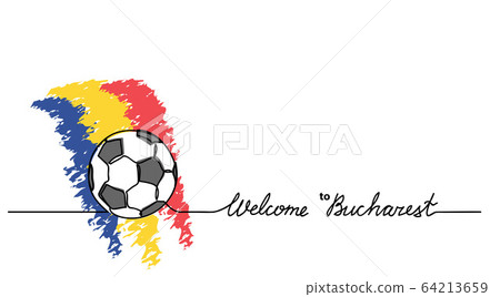 Welcome to Bucharest soccer, football banner. Minimalistic vector background with football ball sketch and Romania flag with lettering. 64213659