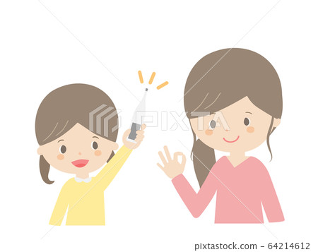 Girl showing thermometer to mother 64214612