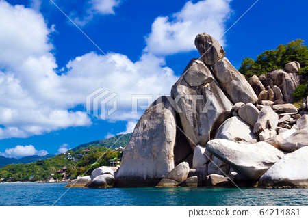 Stoned island coastline against blue sky with clouds. Koh Tao is Stoned island coastline against blue sky with clouds. Koh Tao is 64214881
