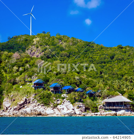 Beautiful tropical landscape with wind generator turbine against Beautiful tropical landscape with wind generator turbine against 64214905