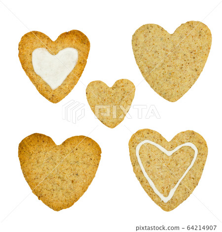 Heart-shaped cookie set isolated on white background. Biscuits f Heart-shaped cookie set isolated on white background. Biscuits f 64214907