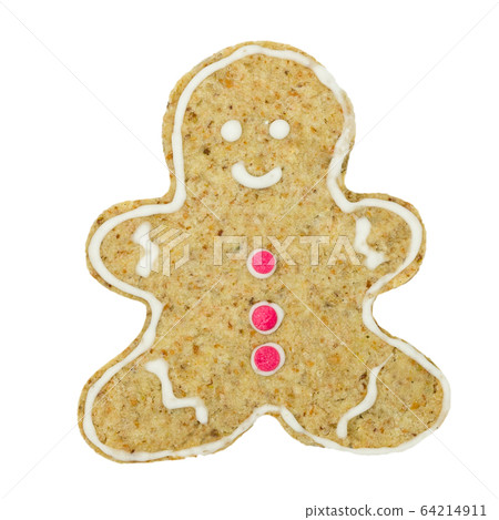 Gingerbread man cookie. Christmas biscuit isolated on white back 64214911