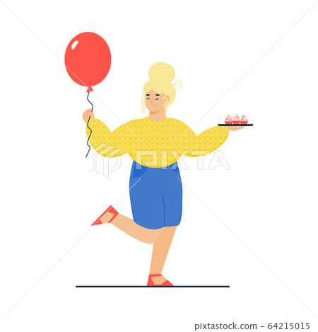 Cartoon woman with birthday balloon and cupcake tray dancing 64215015