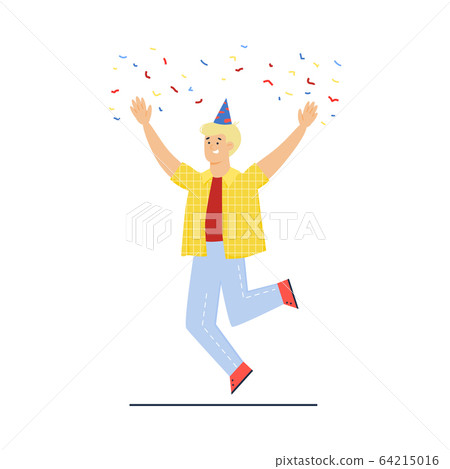 Happy dancing man character in holiday hat, sketch vector illustration isolated. Happy dancing man character in holiday hat, sketch vector illustration isolated. 64215016