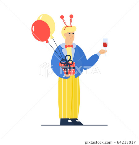 Cartoon man ready for birthday celebration party with holiday balloons 64215017
