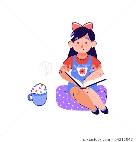 Cartoon girl child reading a book sitting on... - Stock Illustration  [64215048] - PIXTA