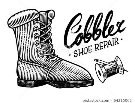 Shoe repair concept. Cobbler or shoemaker background. Vintage label. Hand drawn engraved sketch for 64215065