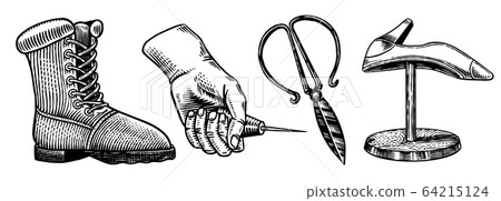 Cobbler set. Professional equipments for Shoe repair. Shoemaker or bootmaker. Hand drawn engraved Cobbler set. Professional equipments for Shoe repair. Shoemaker or bootmaker. Hand drawn engraved 64215124