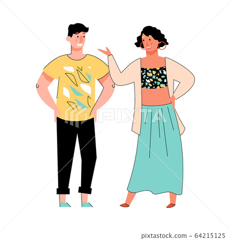 Couple of young people cartoon characters talking vector illustration isolated. 64215125