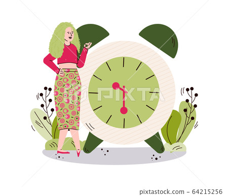 Woman character on backdrop of alarm clock, sketch vector illustration isolated. Woman character on backdrop of alarm clock, sketch vector illustration isolated. 64215256