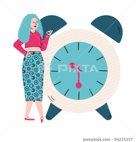 Cartoon woman standing by giant clock counting time Cartoon woman standing by giant clock counting time 64215257