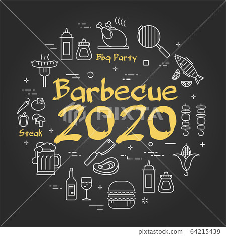 Vector black line banner for picnic and grill party - barbecue 2020 Vector black line banner for picnic and grill party - barbecue 2020 64215439
