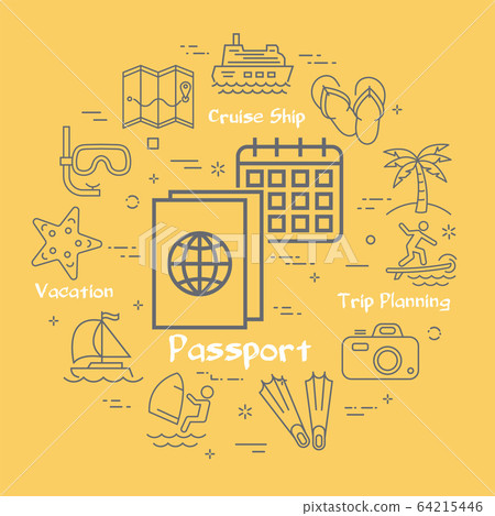 Yellow banner of summer holidays - passport and calendar Yellow banner of summer holidays - passport and calendar 64215446