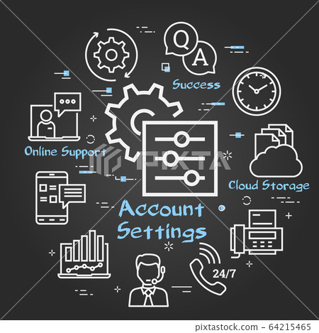 Vector black concept of online support - account settings icon 64215465