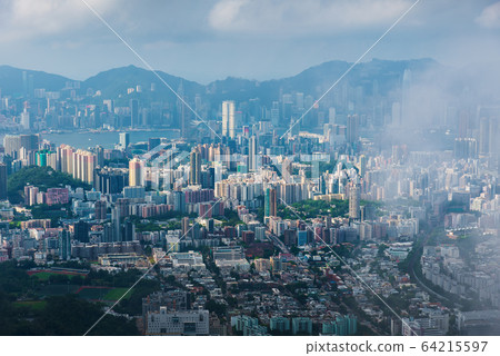 Hong Kong island under fog aerial view of the Hong Kong island under fog aerial view of the 64215597