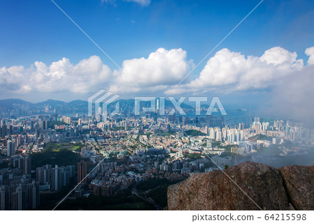 Hong Kong island under fog aerial view of the Hong Kong island under fog aerial view of the 64215598