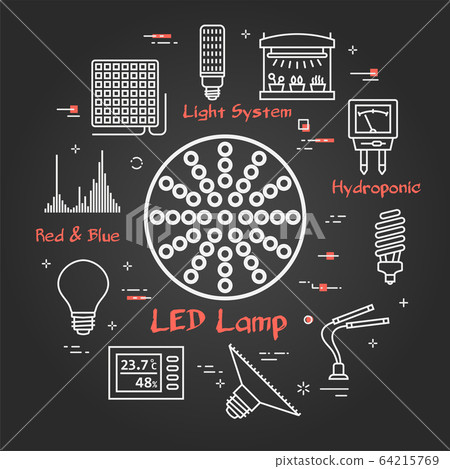 Vector black concept of hydroponic and growth led light - round red lamp 64215769