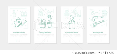 Four linear banners on white - seedling, watering, cutting, pruning 64215780