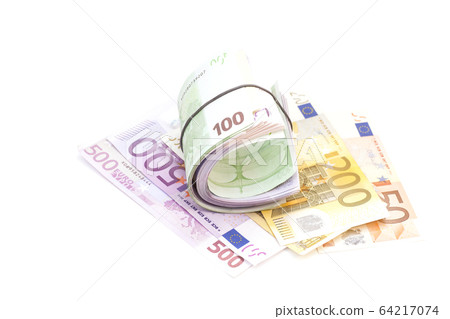 Euro banknotes under rubber band on banknotes 64217074
