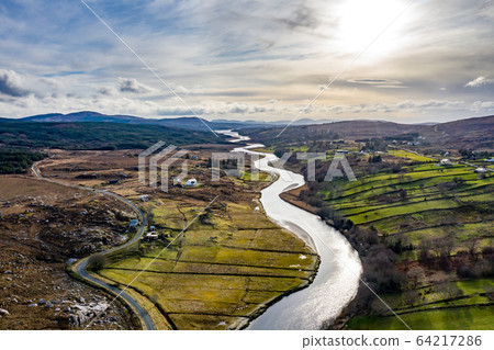 Aerial view of Gweebarra River between Doochary and Lettermacaward in Donegal - Ireland. Aerial view of Gweebarra River between Doochary and Lettermacaward in Donegal - Ireland. 64217286