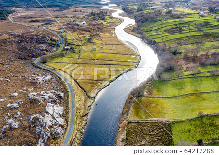 Aerial view of Gweebarra River between Doochary and Lettermacaward in Donegal - Ireland. 64217288