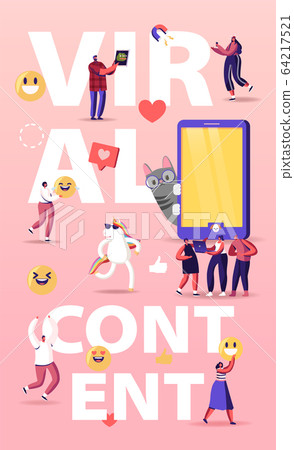 Viral Content Concept. Tiny Characters at Huge Mobile with Funny Unicorn and Cat. Social Media Blogging Viral Content Concept. Tiny Characters at Huge Mobile with Funny Unicorn and Cat. Social Media Blogging 64217521