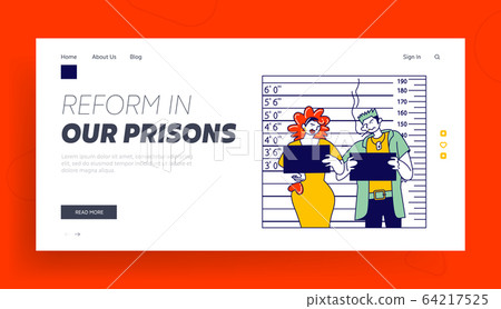 Criminal Characters Mug Shot in Police Station Landing Page Template. Prostitute with Drug Dealer at Height Scale 64217525