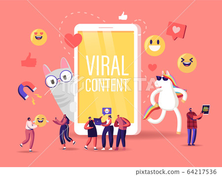 Viral Content Concept. Tiny Characters at Huge Mobile with Funny Unicorn and Cat. Social Media Blogging 64217536
