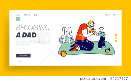 Single Father Prepared Gift for Son Website Landing Page. Young Man Giving Big Wrapped Present Box to Little Baby Boy Single Father Prepared Gift for Son Website Landing Page. Young Man Giving Big Wrapped Present Box to Little Baby Boy 64217537